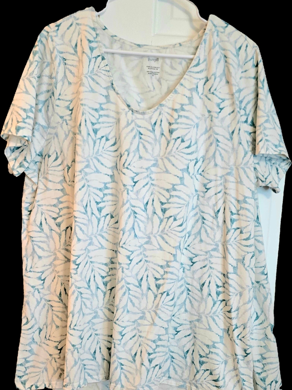 J. Jill Cream V-Neck Tee with Light Blue Leaf Print